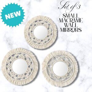 THREE (3)PC Set of Wall Mirrors Boho Beige Macrame Bohemian Global Decor NEW NIB